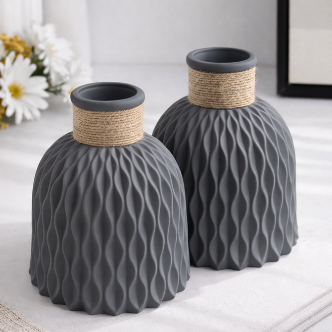 레디박스 거실 식탁 장식용 물결무늬 인테리어 꽃병 화병 2개, 그레이