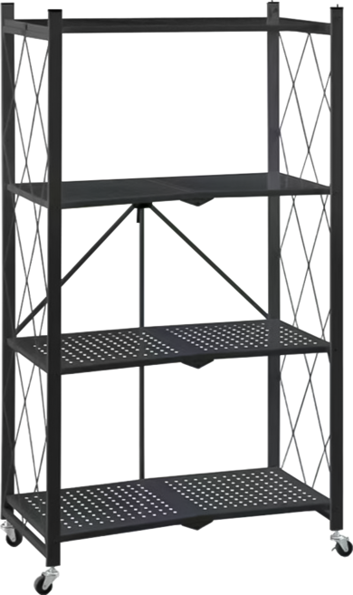 折疊置物架 網格層板 滾輪設計, 免組合碳鋼架-四層(黑), 4層