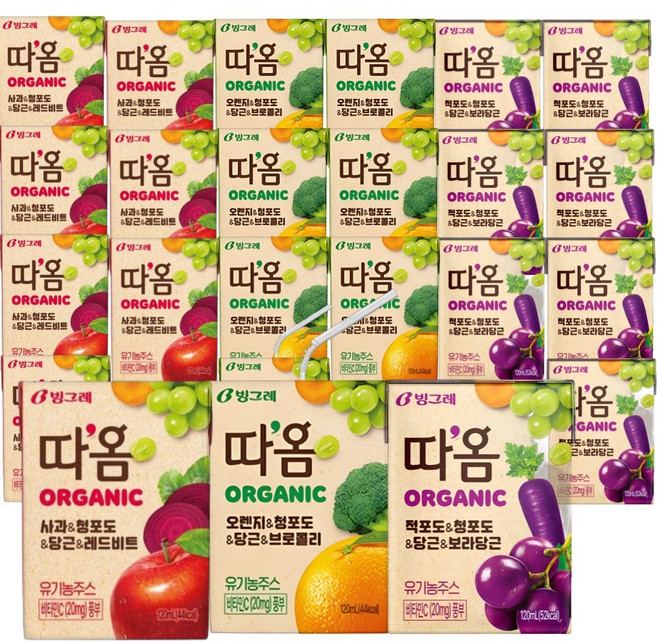 빙그레 따옴 오가닉 주스 혼합3종 120ml(각8입 총24팩) 사과/오렌지/적포도 유기농주스, 120ml, 24개