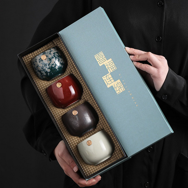 YUNHUATANG 日式窯變茶杯四件套裝, 喜福連綿4杯入套杯 禮盒包裝, 1個, 如圖