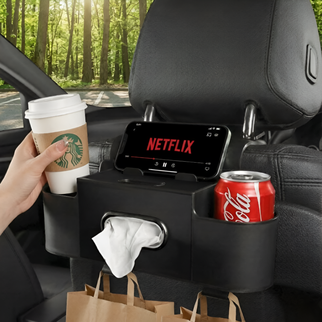 노브픽즈 차량 뒷좌석컵홀더 헤드레스트 수납함, 블랙, 1개