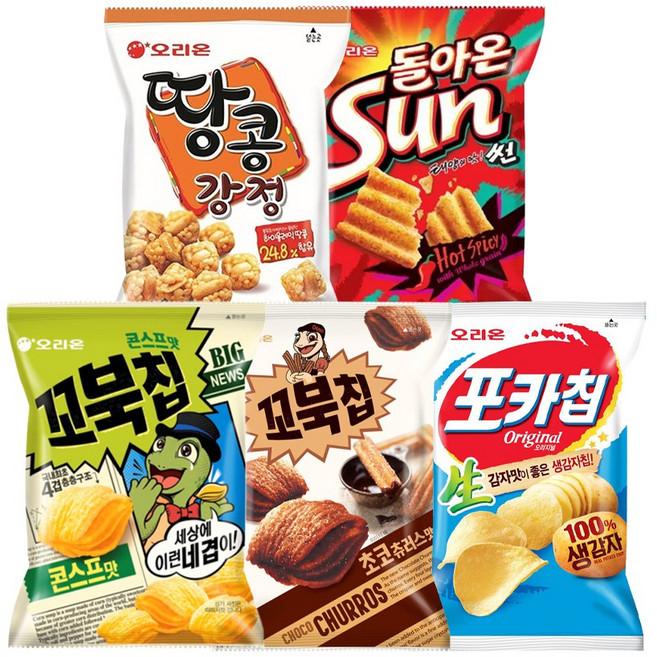 오리온 꼬북칩 초코 120g + 꼬북칩 콘스프 120g + 땅콩강정 80g + 썬칩 64g + 포카칩 오리지널 66g, 1세트