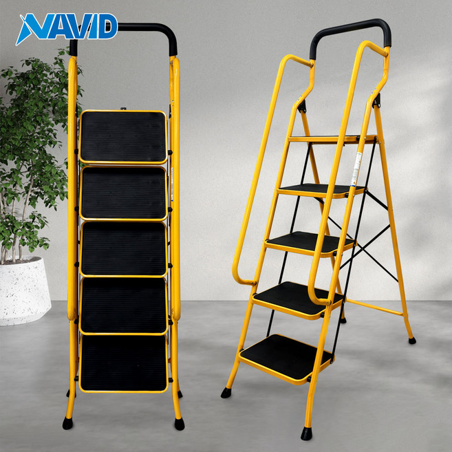 나비드 가정용 노란색 접이식 사다리 인테리어 안전 난간 손잡이 5단 NLS05, 1개