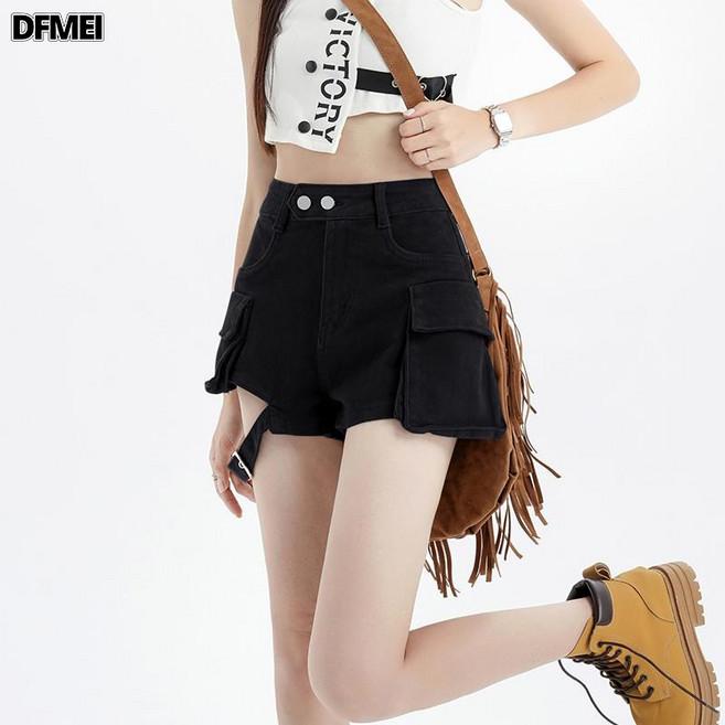 QRU 咖啡色性感綁帶牛仔工裝短褲女春季ins風辣妹顯瘦熱褲子潮