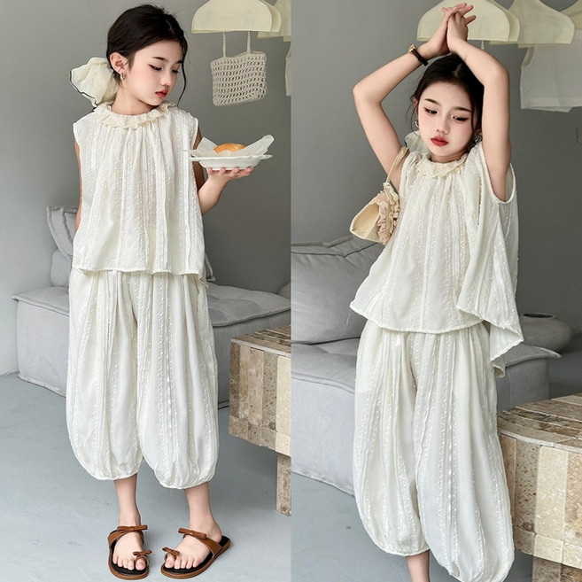 삐삐네옷가게 여아 주니어 샤랄라 레이스 민소매 여름 상하세트