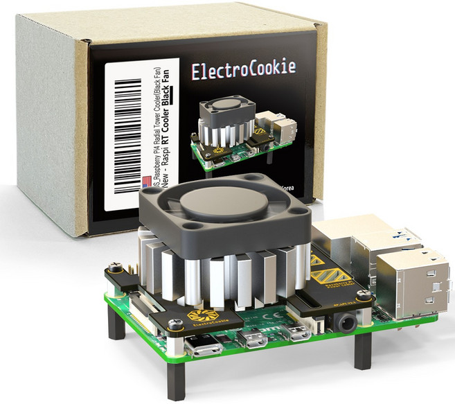 라즈베리파이 4 전용 쿨러 대형 Radial Tower 파워 쿨러, Black 쿨링팬, Black 쿨링팬, 1개