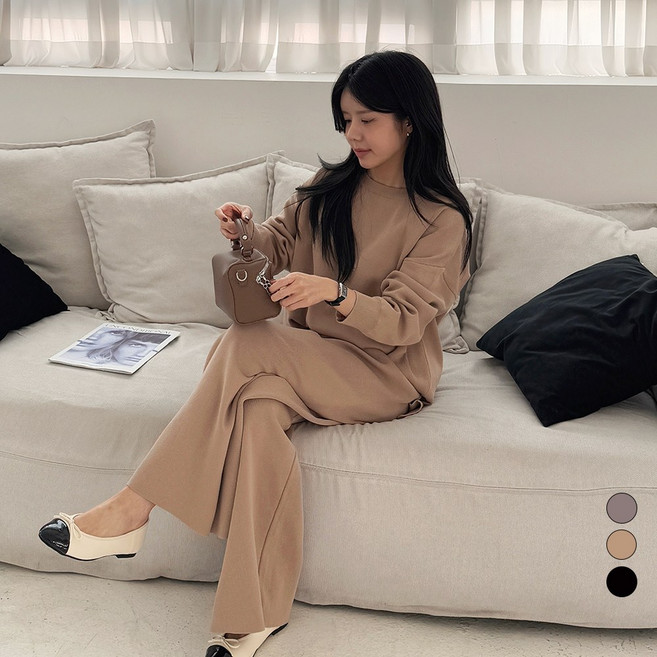 디테일웨어 여성 헬렌 니트바지 상하의세트 빅사이즈 여자 츄리닝 임부복 비스코스 라운드넥 무지 긴팔니트 간절기 셋업