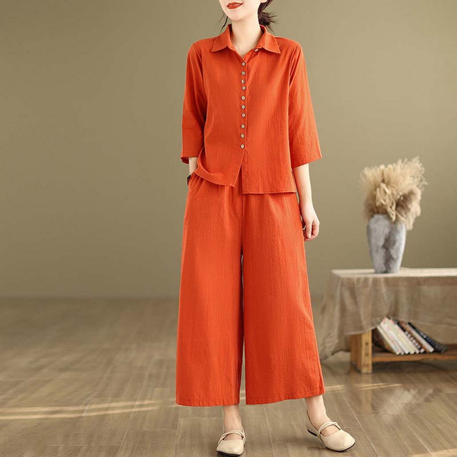 TIMEPURE 여름 가을 솔리드 세트 심플 면마 셔츠+9부 와이드 팬츠 세트 통기 데일리&여행 바캉스 필수 여름 가을 간절기 날씬해 보이기