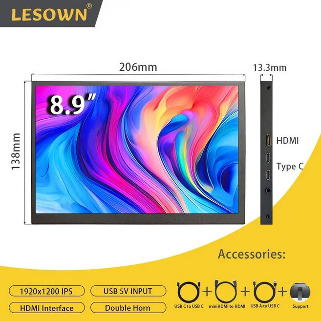 휴대용 모니터 포터블 LESOWN 와이드 소형 터치스크린 8.9 인치 IPS 1920x1200 LCD 디스플레이 USB C HDMI 호환 보조 화면 PC용, 없음, 2) 8.9in monitor, 1개