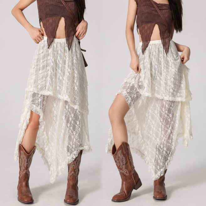 에쥬아 레이어드 레이스 스커트 시스루 A라인 롱스커트 벤딩 치마