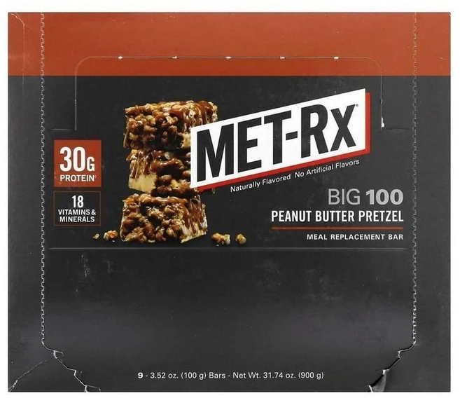 MET-Rx Big 100 Meal Replacement Bar Peanut Butter Pretzel 메트 알엑스 빅 100 식사대용 바 땅콩버터 프레첼, 9개 - 쿠팡