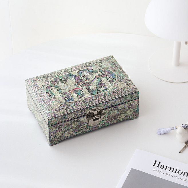 박씨상방 (장태복작품)나전칠기 이조 송학검 2단 자개보석함 24cm 예단함 자개함 외국인선물 바이어선물, 1개, 검정