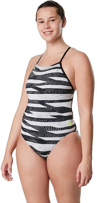 Speedo 스피도 여성용 수영복 원피스 Endurance+ 크로스 백 프린트 성인 팀 색상 블랙 353870 5548071302, 20, Contort Speedo 블랙/화이트