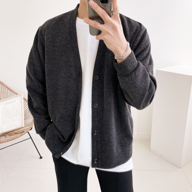 남자 솔리드 빅사이즈 베이직 브이넥 스판 가디건(4color)