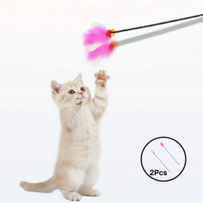 콩냥팥냥 2P 고양이 바스락 재롱 스틱 고양이 낚시대 카샤 타입, 1세트, 리프그린+네온핑크