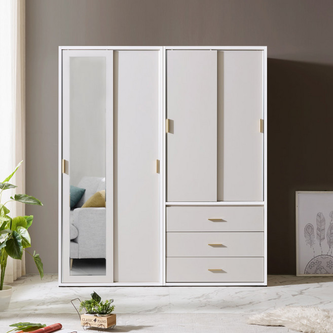 솜씨방 루디아 친환경 E0 1600 슬라이딩 옷장 세트 (긴문장+서랍옷장), 베이지, 01-2_루디아 거울 옷장 + 서랍옷장