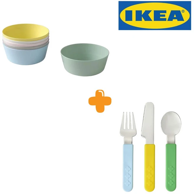 [이케아정품] 칼라스 그릇 6개 +스마스카 식기도구3종 유아 그릇 식기세트, 1세트, 그릇(6개)+식기도구(3종), 혼합 - 쿠팡