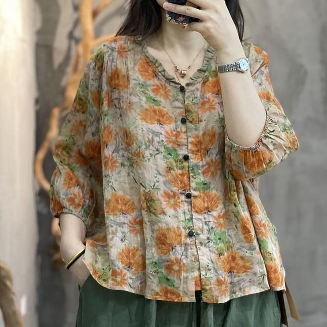 ORZQU 여름 여성 캐주얼 루즈핏 플라워 프린트 브이넥 티셔츠 면마 블라우스