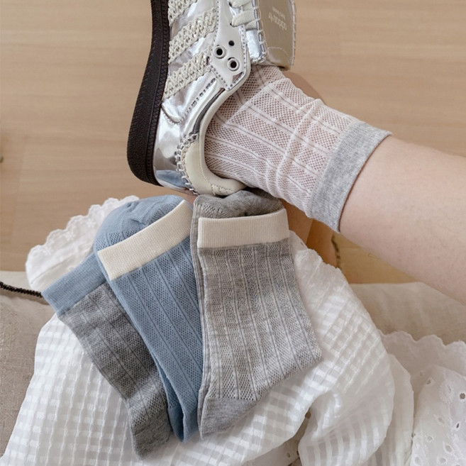 Banjiwu 여성 양말 배색 봄여름 양말 장목 양말 장양말 운동 패션 흰양말 4족 세트