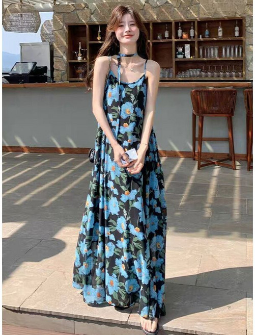 夏季藍色碎花連衣裙吊帶長裙海邊度假沙灘裙超仙三亞泰國旅游拍照, 1個, 吊帶裙L