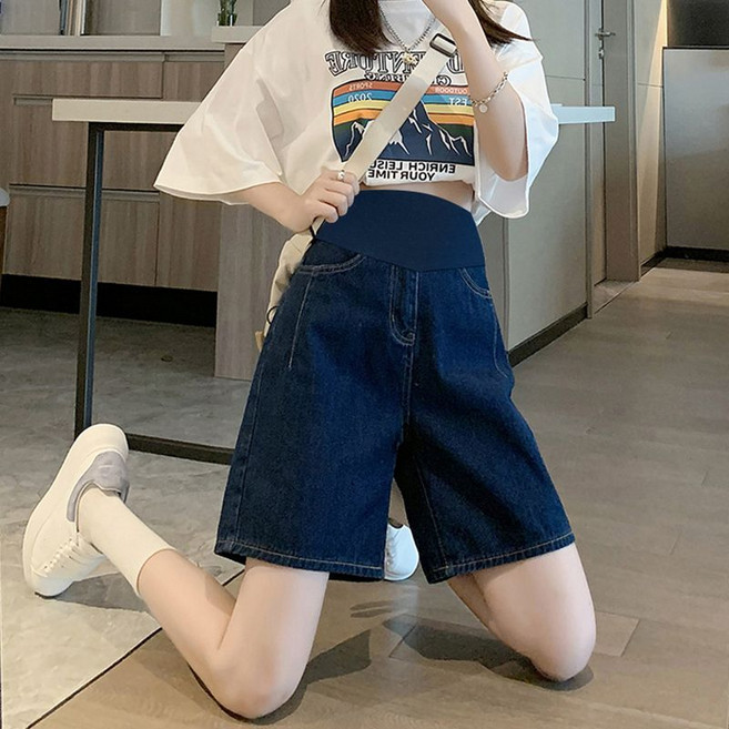 여름 임산부 반바지 얇은 여자 와이드 5부 팬츠 데님 반바지 데일리 임부복 청반바지 YJW