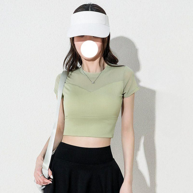 티류으스 여성 여름 요가 크롭 메쉬 시스루 일체형 패드 슬림핏 스판 반팔 티셔츠 YX