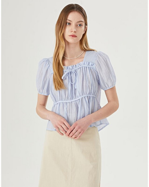 GGPX 러블리 플리츠 리본 소매 벌룬 블라우스 GOBBA009D