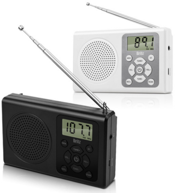 브리츠 휴대용 라디오 시계 TF 메모리카드 MP3재생 효도라디오 등산 낚시 조깅 캠핑용 핸드 스트랩제공, 블랙