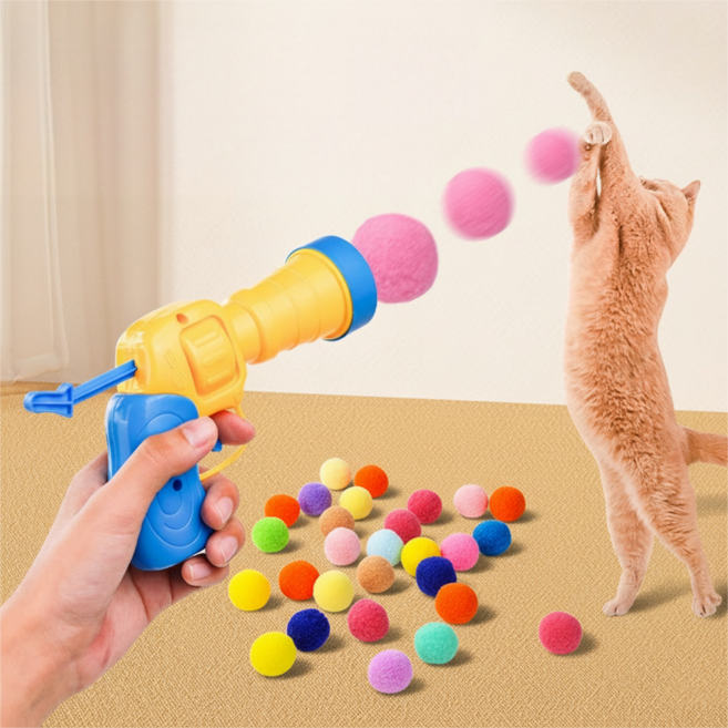 고양이 실내용 인터랙티브 미니 슈팅 건 플러시 볼 발사기 공 장난감, 1개, 혼합 컬러