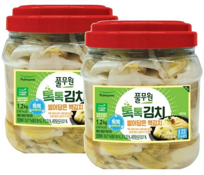 국내산 재료 반찬 풀무원 톡톡 씨앗 유산균 국산 썰은 백 김치 PET, 2개, 1.2kg