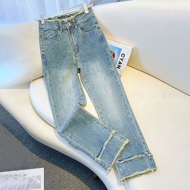 꽃소담 여성 여름 얇은 하이웨스트 루즈핏 프레이즈 9부 일자 청바지 스판 스모키 팬츠 HZHF26A504