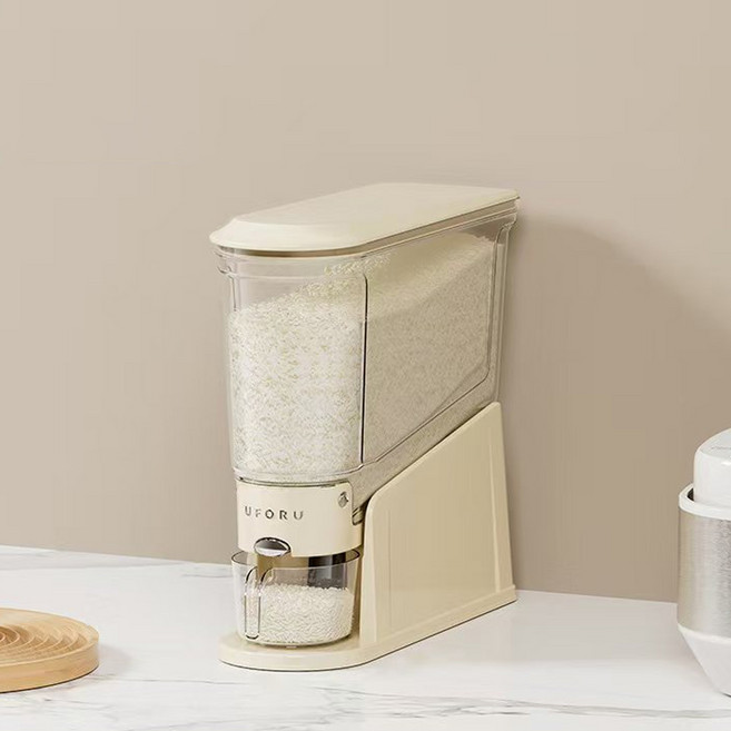 일상쏙 원터치 밀폐 쌀통 10kg 쌀보관통 잡곡통 계량 쌀보관함, 크림화이트, 1개