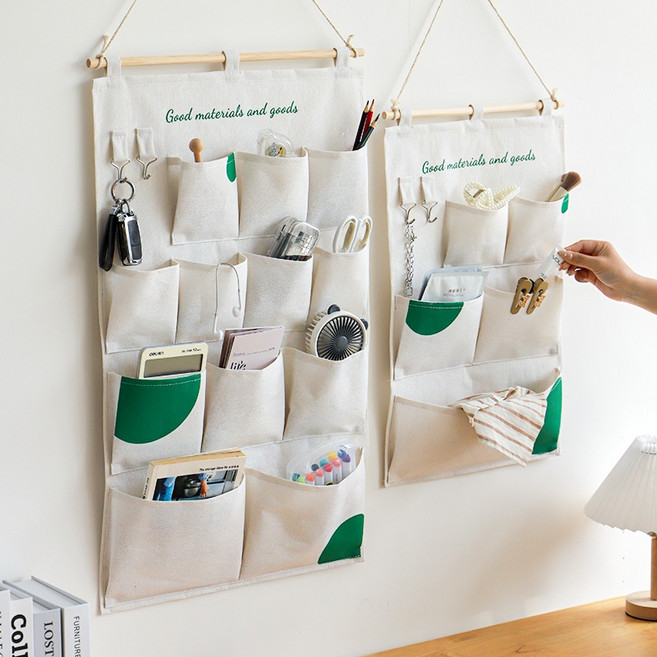 화현 지이 코튼린넨 가정용 다기능 수납 걸이 (기숙사/침실/거실/도어/벽걸이용), 그린 도트 걸이백