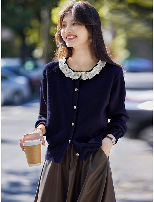Kdragon 레이스카라 골드버튼 라운드 니트 가디건