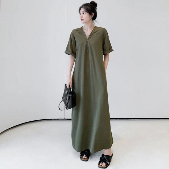 赫本風拉鍊V領長裙 女夏寬鬆顯瘦長款連衣裙, 軍綠色