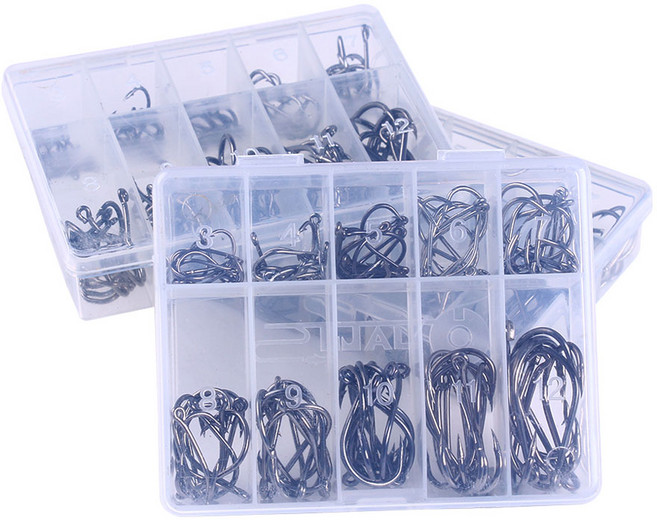 고급 낚시바늘 10가지 사이즈 탄소강 낚시바늘 휴대용 플라스틱 케이스 포함 강력하고 날카로운 갈고리 민물/해수 겸용 낚시바늘, 1개, 100개입