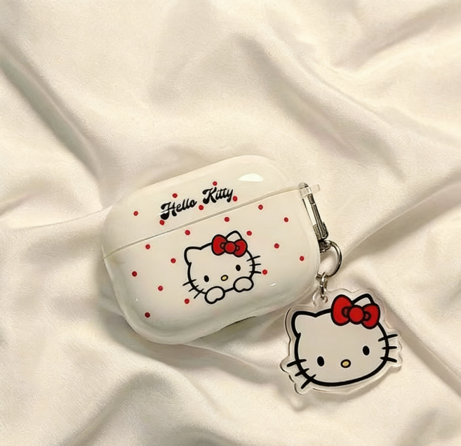 화이트 레드 도트 키티 에어팟 케이스+키티 키링, 1개, airpods 4
