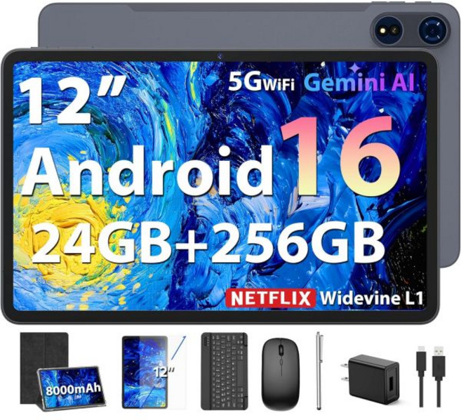 2026 안드로이드 16 태블릿 12인치 키보드 포함 24GB+256GB+2TB 확장 가능 전자 PC 2K 제미니 AI 8000mAh 옥타코어 GMS GPS 2in1 대형 케이, YLEEBG 검정