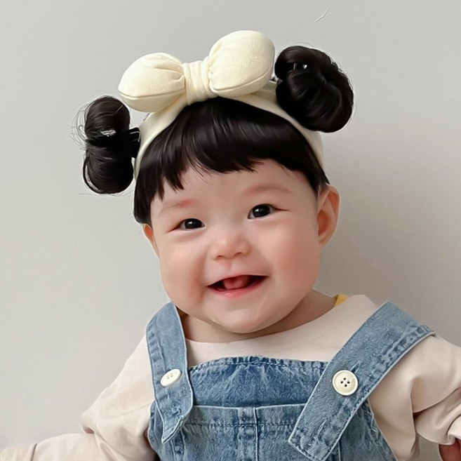 베이비 리본 가발 헤어밴드 아기 머리띠 촬영소품, 1개, 아이보리