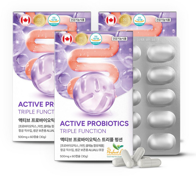 퍼펙트라이프 액티브 프로바이오틱스 트리플 펑션 100억 유산균 아연 셀레늄 장건강, 3개, 60정