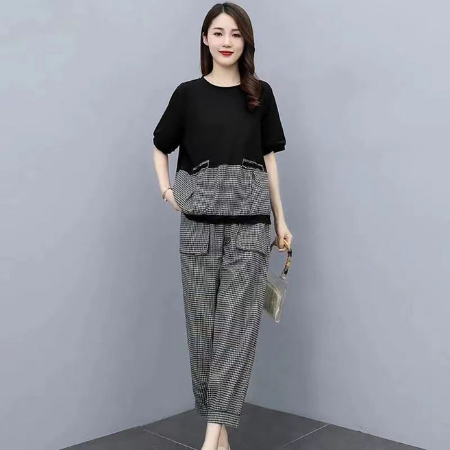 지고다그 여성 여름 체크 배색 투피스 세트 빅사이즈 면마 반팔 상하의 편한 데일리 캐주얼 엄마룩 YZH72507