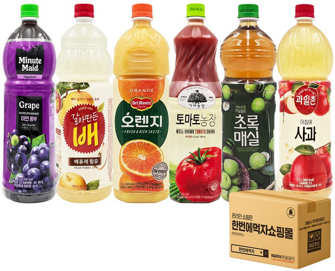 [한번에먹자] 1.5L 과즙음료 6종 혼합세트 ( 미닛메이드 포도 + 갈아만든배 + 델몬트 오렌지 + 가야농장 토마토 + 웅진 초록매실 + 과일촌 아침에사과 ) 업소용 사무실, 6개
