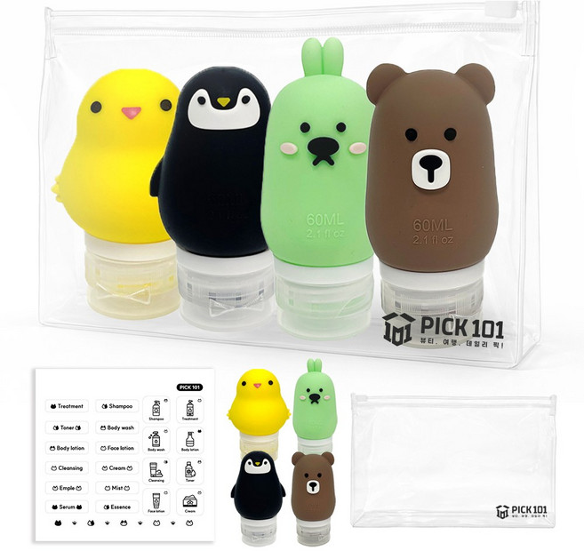 픽101 귀여운 캐릭터 동물 실리콘 공병 리필병+스티커세트, 1개, 60ml 4종세트