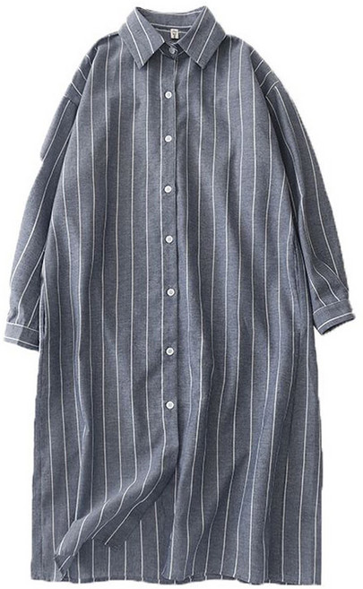 POMTOR 여성 봄 가을 스트라이프 루즈핏 롱 셔츠 원피스 긴소매 단추 디테일 캐주얼 롱 스타일