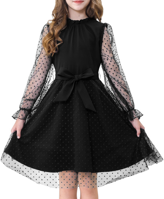 LOlanta 주니어 도트 쉬폰 거즈 원피스 여아용 엘레강스 레이스샤 망사소매 벨트 드레스