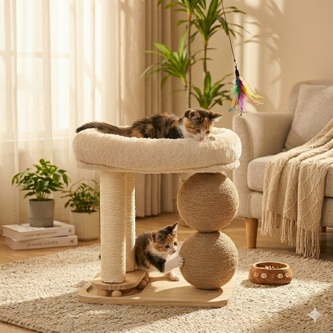 스타일닥터 미니 소형 캣타워 우드 원목 스크래쳐 삼베 볼 플레이 스테이션 소프트 컴포트 하우스, 1개, 흰색