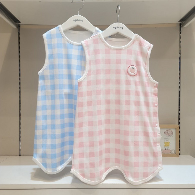 [아가방]강남점*화사한 색감 체크패턴에 부드러운 40수양면 봄 수면조끼/안심무형광 면100%