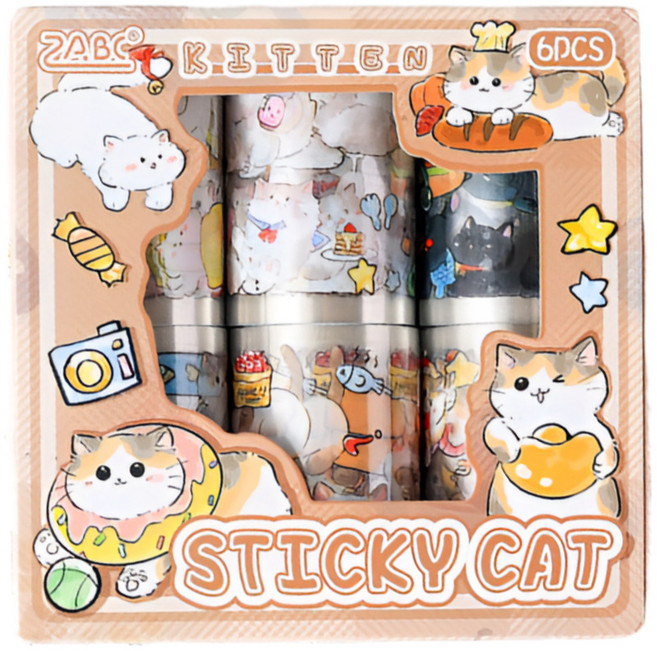 보스케 고양이 일러스트 마스킹 테이프 6종 세트 마테, 혼합, 스티키캣, 1박스