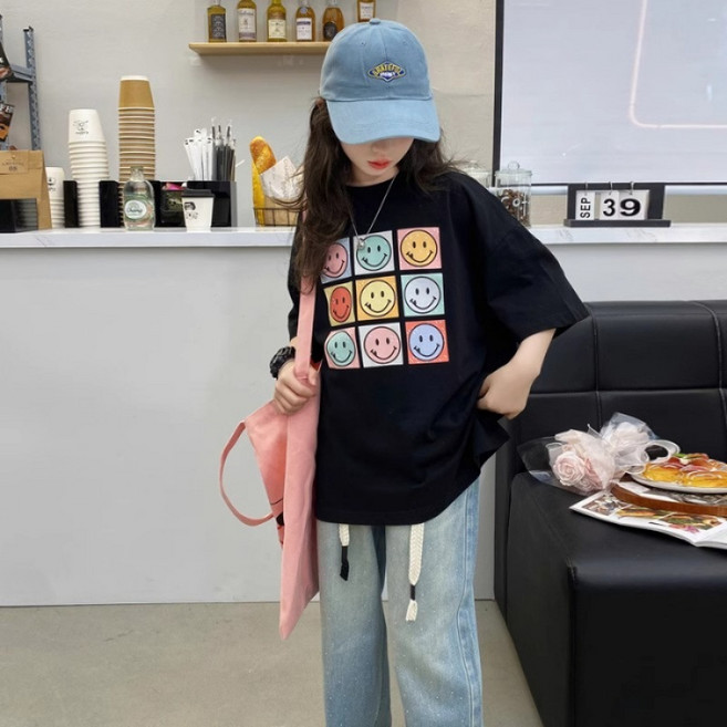 삐삐네옷가게 초등학생 여아 해피 스마일 큐브 티셔츠