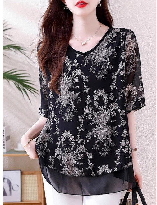 WEIHAN 빅사이즈 여성 배색 쉬폰 반팔 티셔츠 루즈핏 프린트 브이넥 블라우스 데일리룩